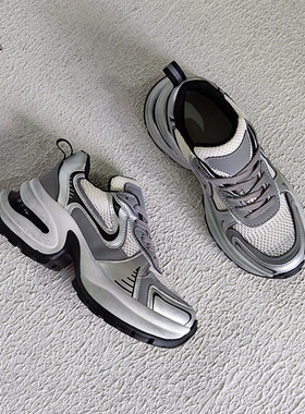 KIKIBEST银色厚底老爹鞋女2024春夏季网面休闲运动鞋