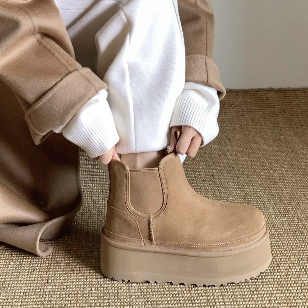 KIKIBEST新款切尔西雪地靴女真皮厚底加绒加厚烟筒增高保暖棉鞋