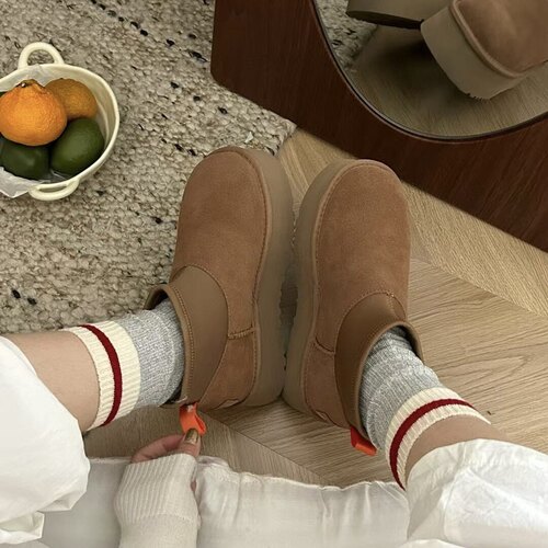 KIKIBEST【五层底】厚底增高牛皮雪地靴女弹力mini加绒加厚迪普靴