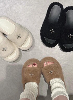 KIKIBEST十字花毛毛厚底拖鞋女外穿秋冬新款坡跟增高一字拖