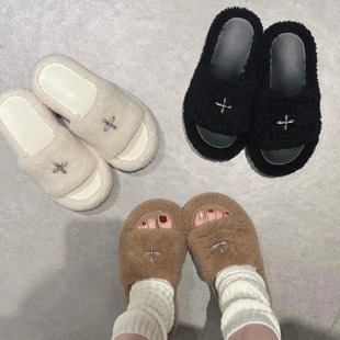 KIKIBEST十字花毛毛厚底拖鞋女外穿秋冬新款坡跟增高一字拖