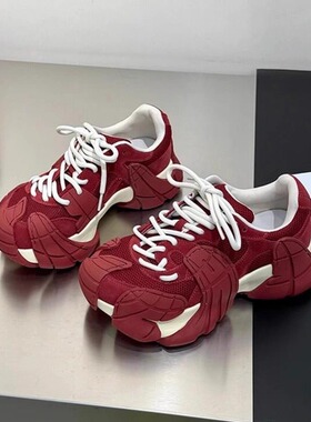 KIKIBEST牛皮6cm增高八爪鱼老爹鞋女新款韩版网面厚底休闲运动鞋