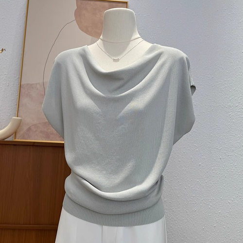 Swing collar short sleeved knitted top纯色荡领短袖针织上衣女