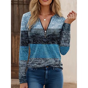 patchwork neck zipper top women 印花V领拉链上衣Printed for