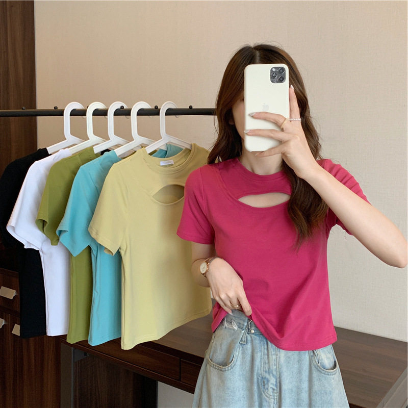 Solid color slim fit T-shirt for women 短袖纯色修身显瘦T恤女