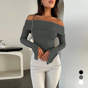 女士春秋时尚一字领露肩长袖T恤Off shoulder long sleeved shirt