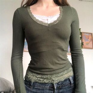 lace collar women pit 坑条花边领T恤 for stripe shirt Solid