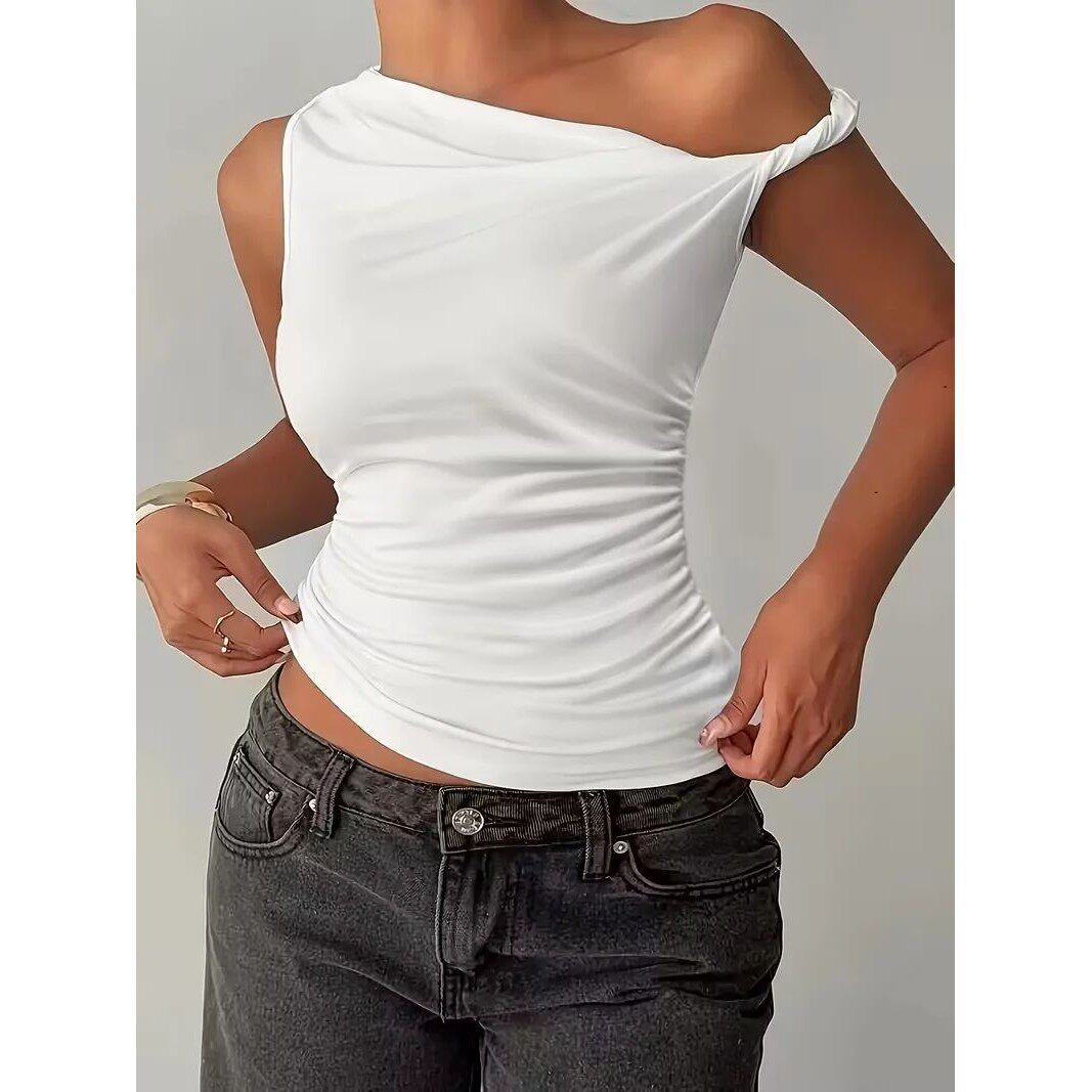 女士纯色单肩褶皱上衣 Solid color single shoulder pleated top