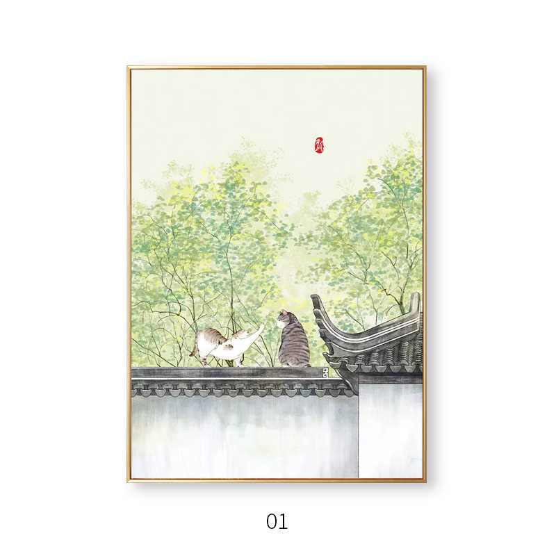 高档日式简约创意装饰画猫咪卧室背景中国风客厅现代墙画树家庭挂图片