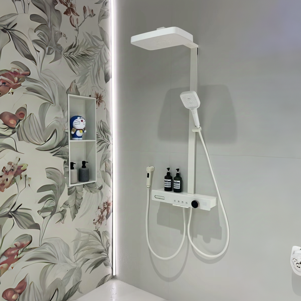 按摩腰喷恒温花洒淋雨套装浴室奶油风白色全铜家用沐浴喷头枪灰色