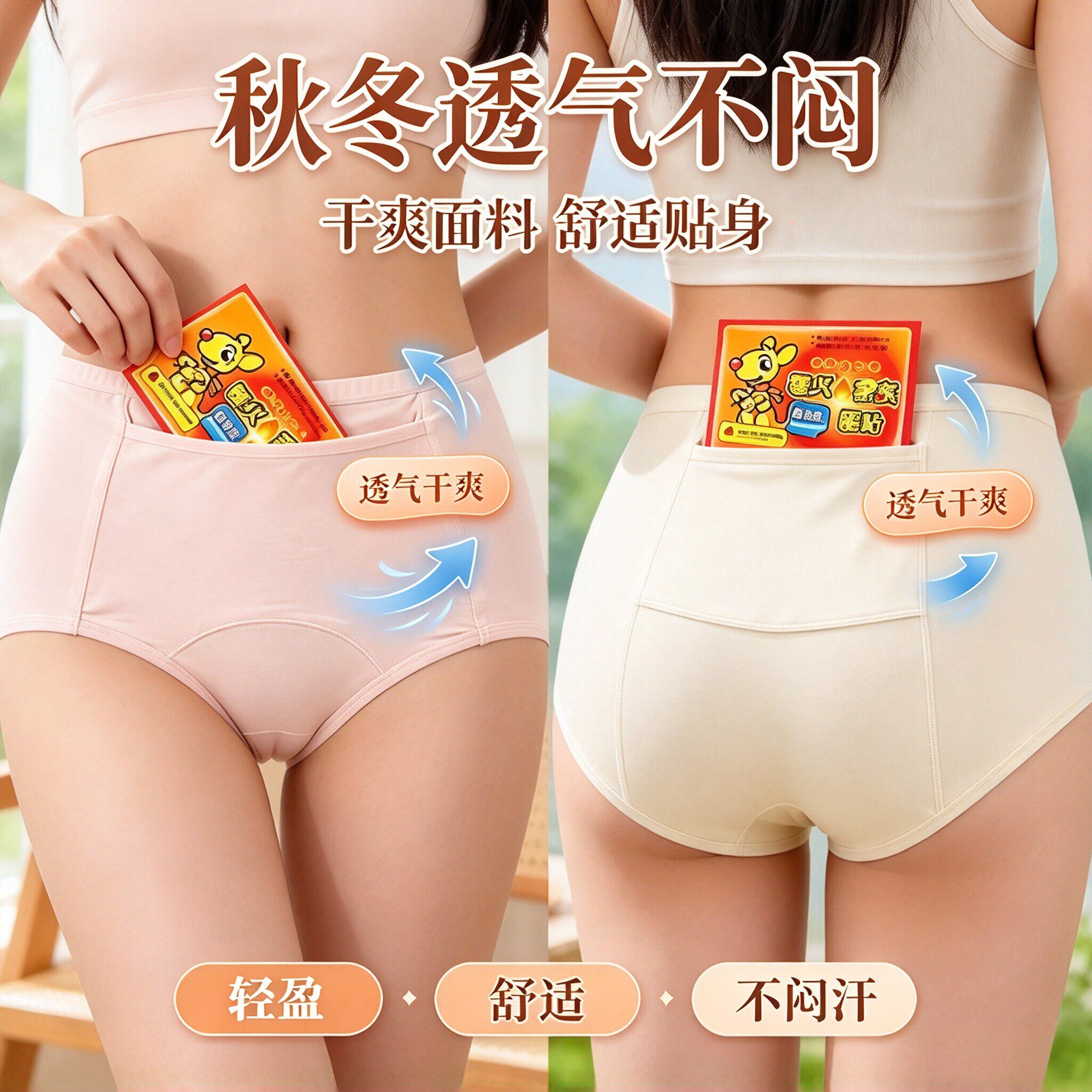 高腰暖宫生理裤秋冬透气贴身女士经期防漏内裤前后口袋可放暖贴