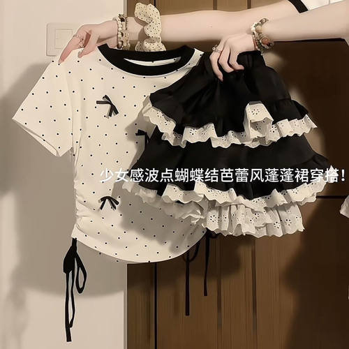 女童韩版甜酷裙套装中大童夏季新款洋气波点蝴蝶结短袖短裙两件套