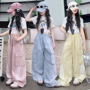 夏季女童套装2026新款夏装儿童多巴胺工装裤女大童爵士舞裤子服装
