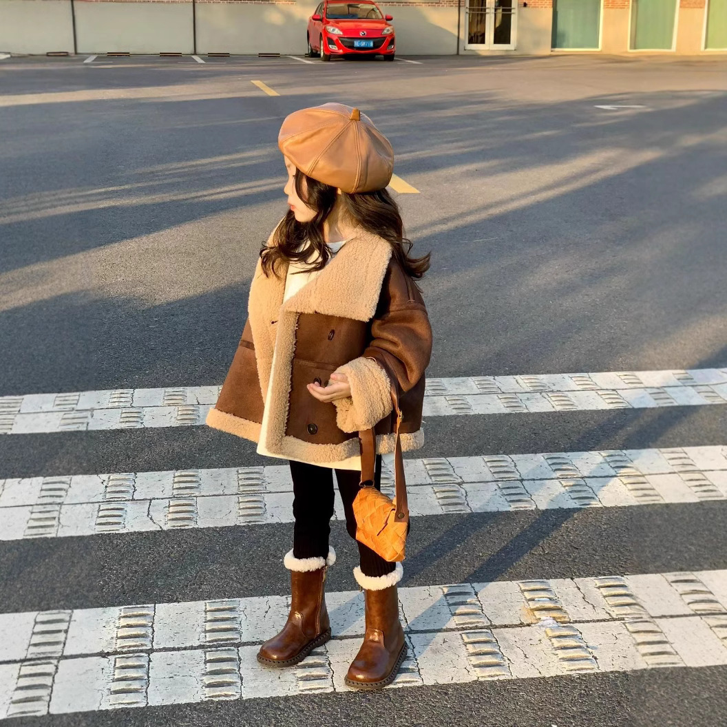 2025冬季新款 韩版童装 女童慵懒加厚加绒翻领麂皮绒外套加绒