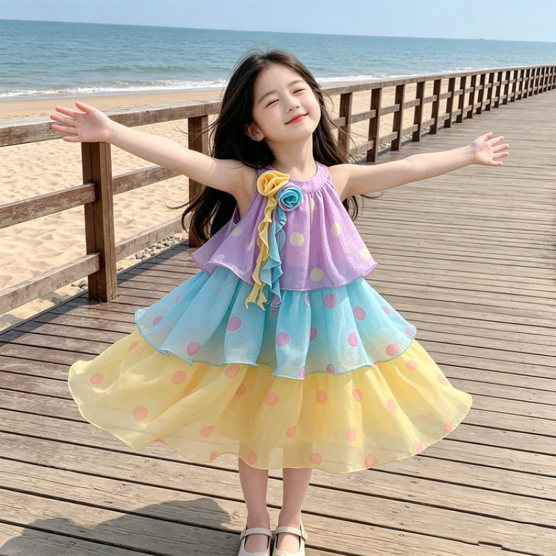 女宝宝连衣裙彩色波点2026夏季新款儿童巨好看的假风公主吊带裙子