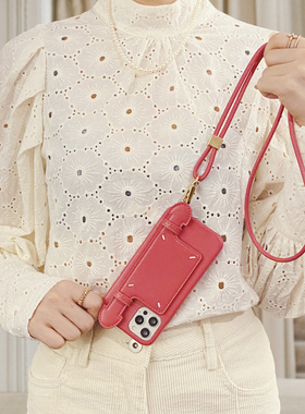 margiela马吉拉斜跨适用小羊皮iiphone15/14/13promax手机壳四角缝线皮套苹果12/11/15plus/13mini