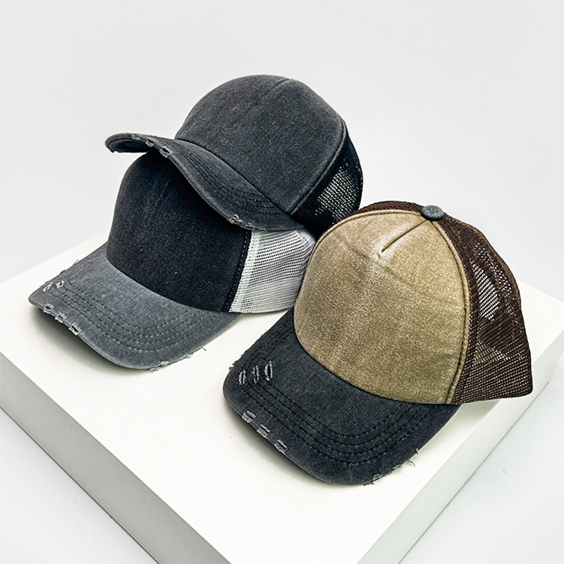 春夏新款撞色个性破洞风棒球帽子男女遮阳户外做旧休闲网眼卡车帽
