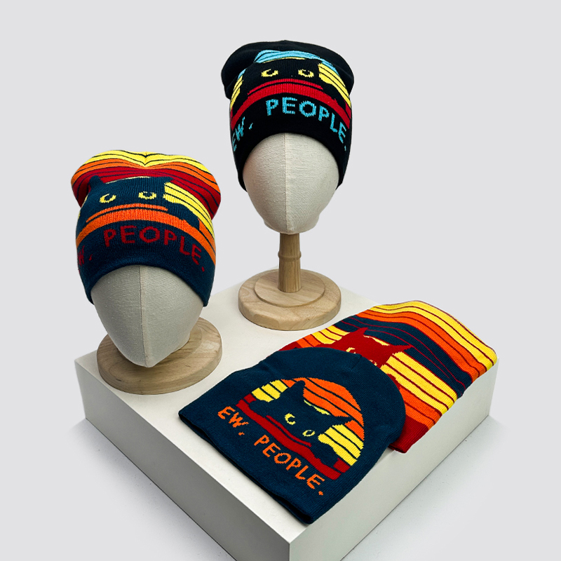 针织帽秋冬男女撞色小猫条纹休闲