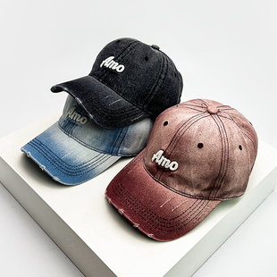 秋冬新款破损风刺绣Amo字母棒球帽子男女遮阳渐变美式复古鸭舌帽