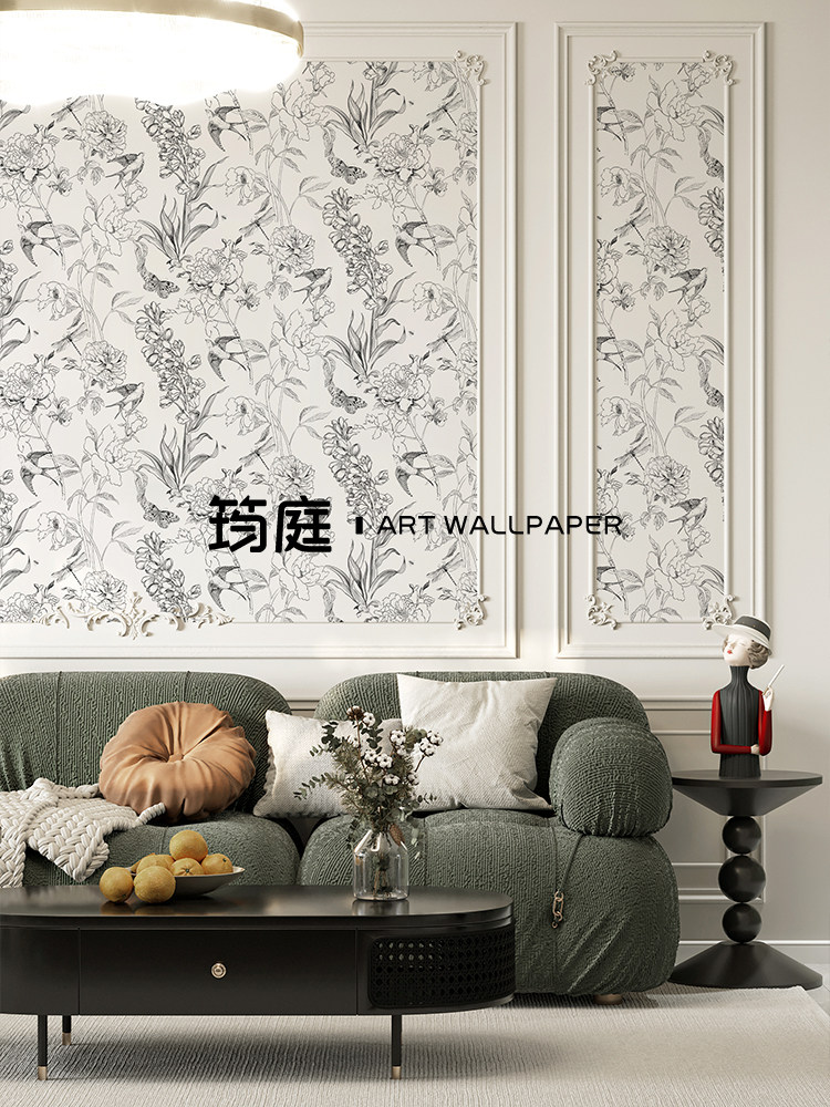 法式线描壁纸燕子沙发电视背景墙布定制壁画卧室壁布餐厅客厅墙纸