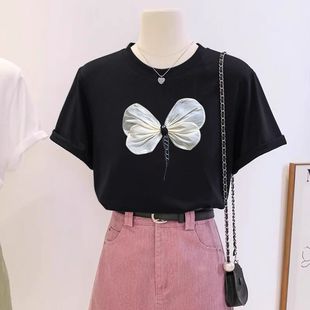 白灰色时尚 印花短袖 宽松半袖 t恤女夏季 减龄体恤圆领上衣 2025新款