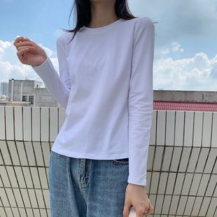 春装新款棉质长袖t恤女白色宽松秋季百搭打底衫简约内搭基础上衣
