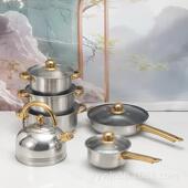 贸易12PCS管柄不锈钢不粘锅镀金把手汤锅奶锅煎盘水壶套锅