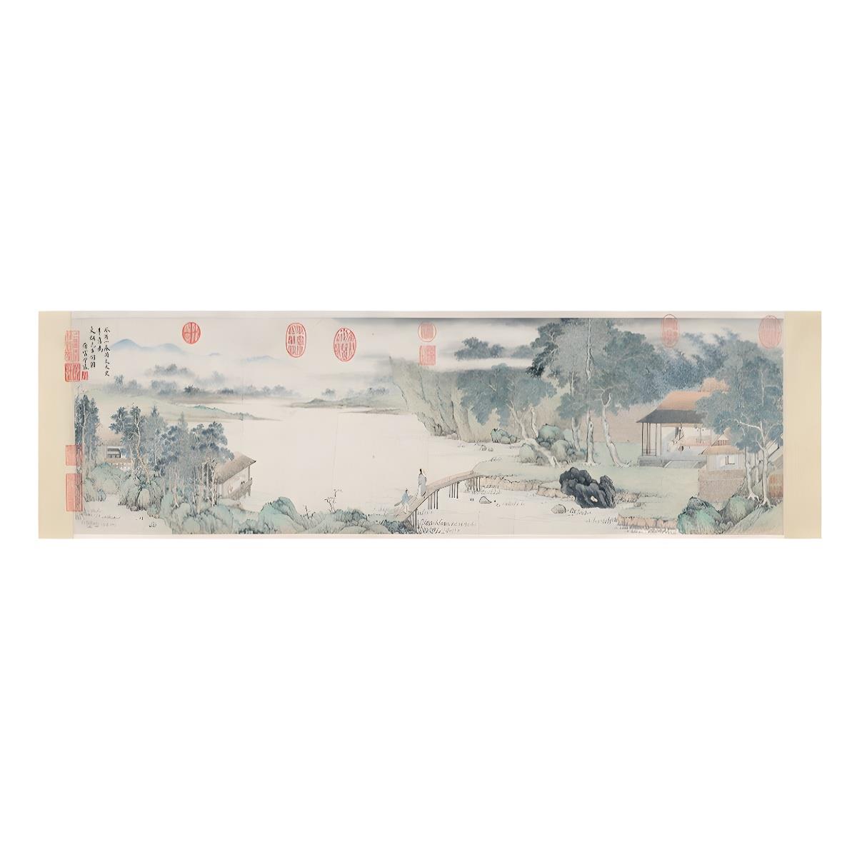 仇英携琴访友图古代书法字画高清微喷宣纸横幅仿古复制中堂画心