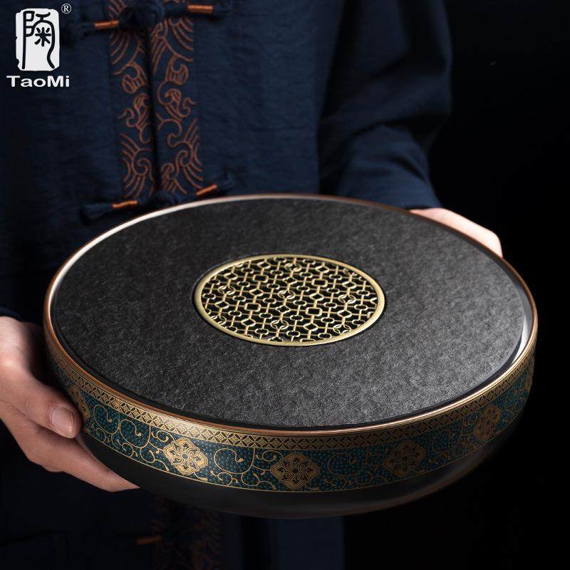 陶迷乌金石茶盘家用储水圆形日式大号茶托盘小型干泡盘陶瓷茶台