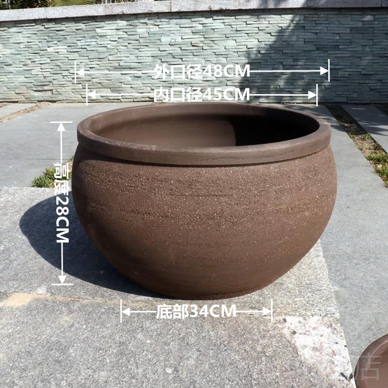 新款粗陶花盆庭院特大口径浅约圆陶盆简大花钵土户外陶罐睡鱼莲荷