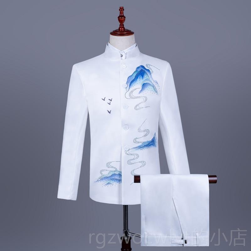 新款男演出艺服山考中国风中装套装舞唱台大合主持红歌表演服民族