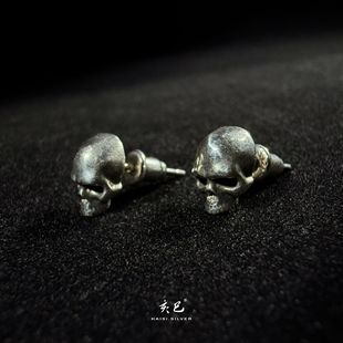 S925纯银骷髅头耳钉朋克风暗黑做旧复古男耳饰品个性 耳饰