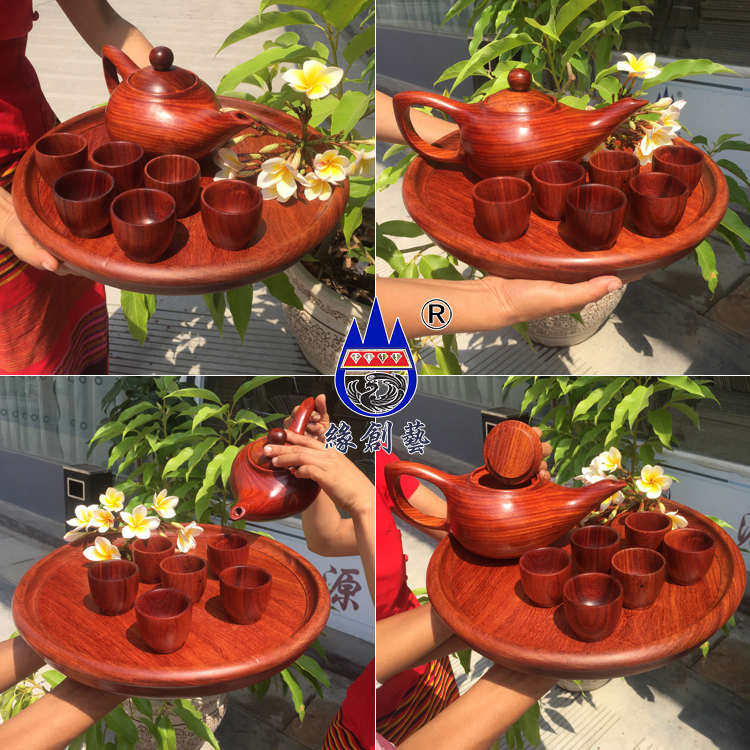 红木茶壶7件套缅甸花梨木雕装饰大木料整收藏紫檀中式果摆件实木