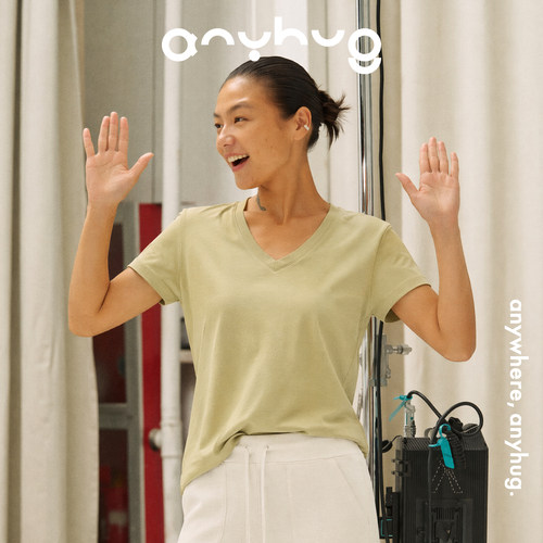 AnyHug 夏季日常正肩短袖T恤女新款修身百搭V领上衣宽松圆领半袖