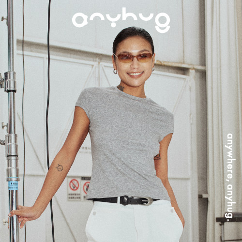 AnyHug 莱赛尔灰色亲肤短袖T恤女夏季正肩修身显瘦打底短款上衣服