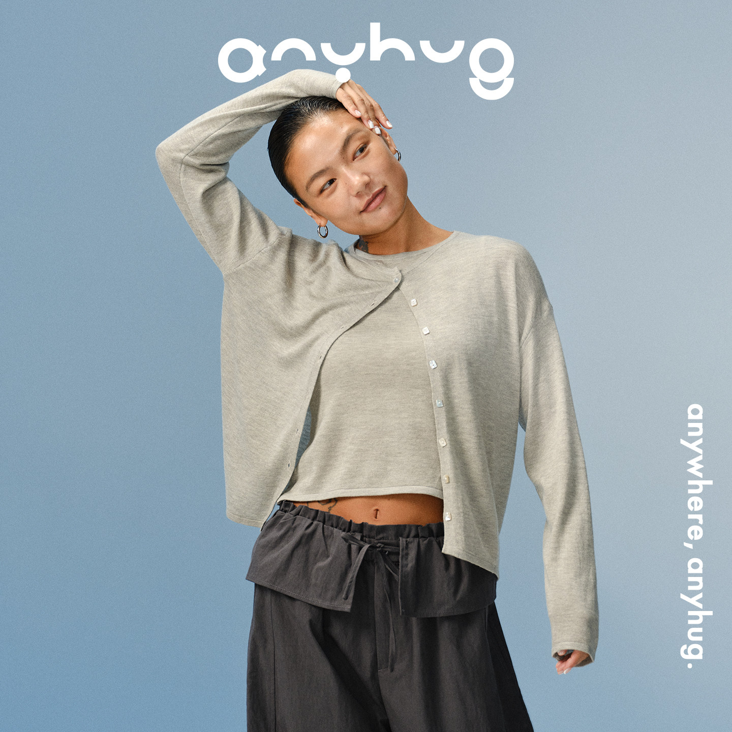AnyHug羊毛针织开衫上衣女早秋宽松防晒两件套百搭夏无袖背心套装图片