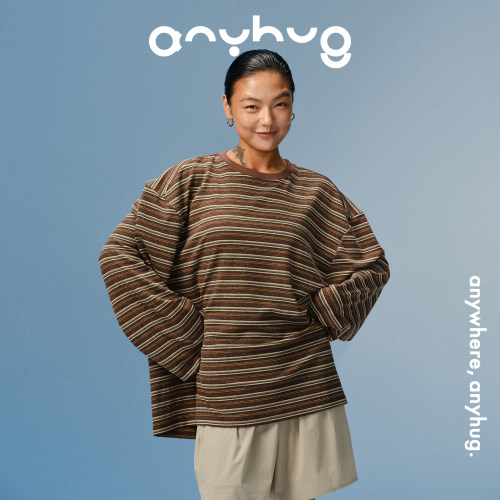 AnyHug 复古条纹长袖T恤女早秋咖色休闲宽松百搭打底圆领上衣外穿