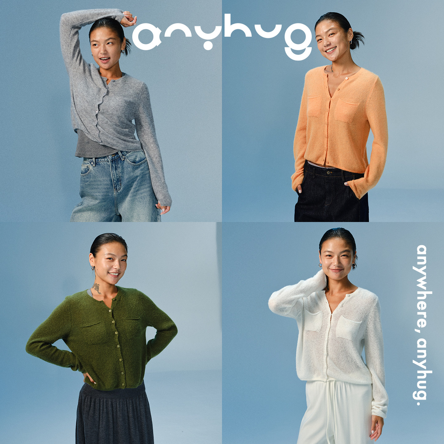 AnyHug 绵羊毛双口袋开衫针织衫女秋冬宽松休闲百搭长袖上衣外套