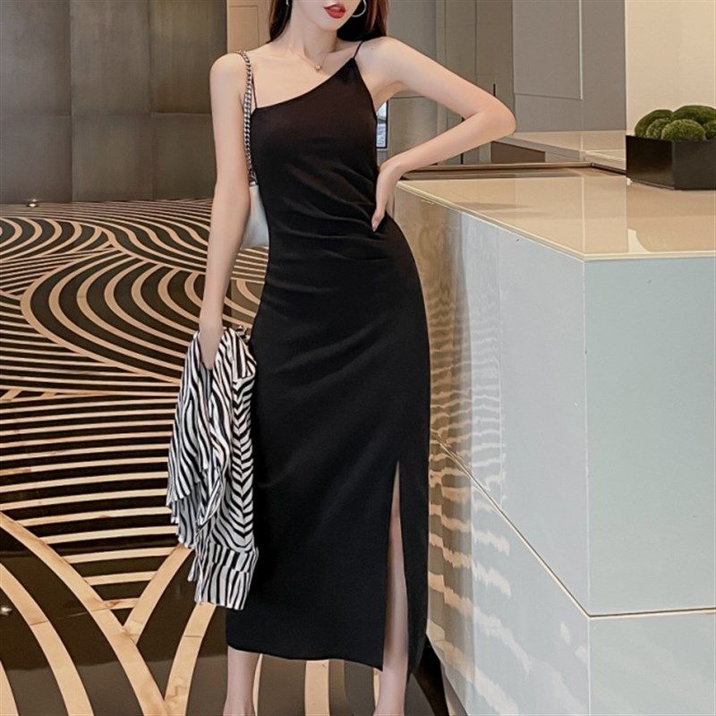 性感开叉吊带连衣裙女长款夏修身显瘦收腰气质长裙打底内搭小黑裙,女装/女士精品,连衣裙,淘宝优惠券,粉丝福利购,淘宝优惠卷