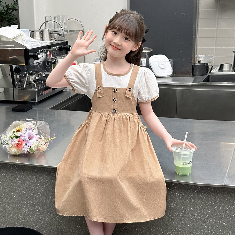 女童连衣裙夏季小女孩漂亮背带裙子2024新款儿童假两件短袖公主裙