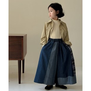 女童裤子秋季小女孩阔腿裤拼接格子牛仔裤休闲宽松宝宝长裤设计师