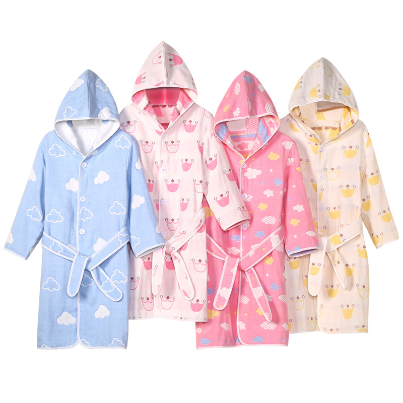 连帽系扣子儿童浴袍纯棉纱布吸水毛巾料男童女童大童游泳斗篷浴巾