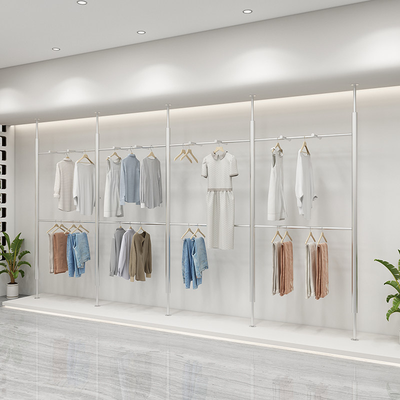 服装店展示架不锈钢银色上墙立柱男女装店陈列货架双层挂衣服架子