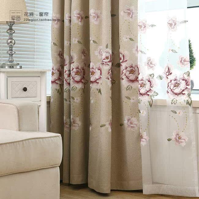 花涧 遮光窗帘 中式牡丹花提花布卧室飘窗纱帘 客厅欧式平面窗