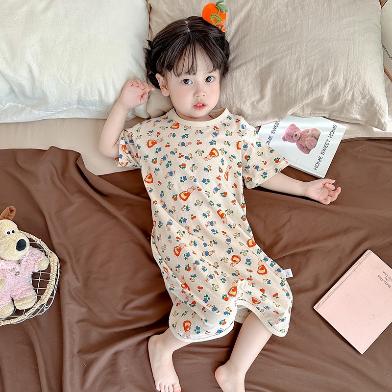 女童睡裙夏季防踢空调睡衣薄宝宝呼吸纯棉连体睡袍小孩家居服卡通