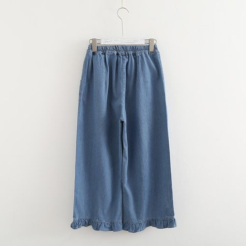 梦箱子2023春新款文艺范木耳边拼接百搭宽松阔腿裤高腰显瘦牛仔裤