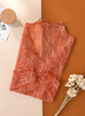 白色半高领万能蕾丝打底衫女春秋款西装内搭薄纱夏季透明网纱上衣