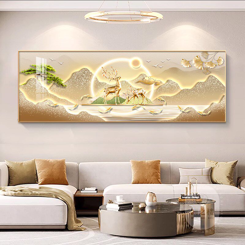 轻奢客厅沙发背景墙上装饰画东墙山水LED灯光挂画大白墙带灯壁画