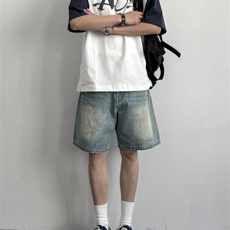 ONUN 复古水洗直筒牛仔短裤美式做旧基础百搭宽松硬挺休闲五分裤