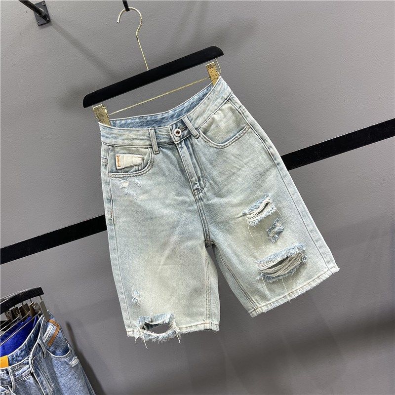 复古做旧浅色牛仔五分裤女2024夏季新款高腰宽松休闲破洞直筒中裤